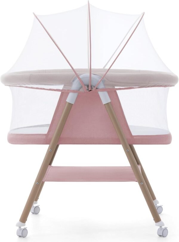 Portable Baby Bassinet with Wheels, Mattress, Mosquito Net, Storage, Breathable Mesh (Pink)