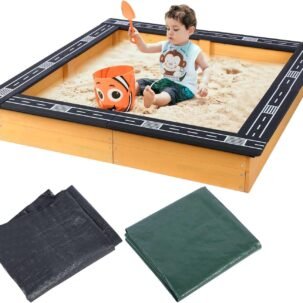 Wooden Sandbox – 47x38in Backyard Sandbox with DIY Race Track, Sand Protection, Storage, and Gardening Use