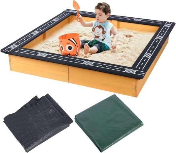 Wooden Sandbox – 47x38in Backyard Sandbox with DIY Race Track, Sand Protection, Storage, and Gardening Use