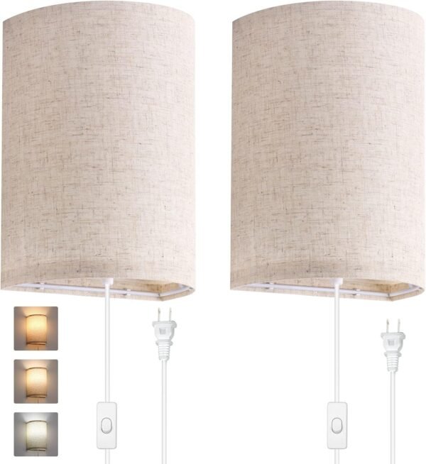 2-Pack Plug-In Wall Sconces – Switch, 3 Color Temps, Fabric Shades for Bedroom & Living Room