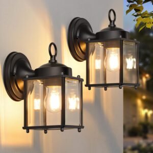 2-Pack Outdoor Wall Lanterns – Black, Waterproof, Clear Glass for Front Door