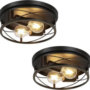 2-Pack Black Metal Flush Mount – Industrial Round Ceiling Lights