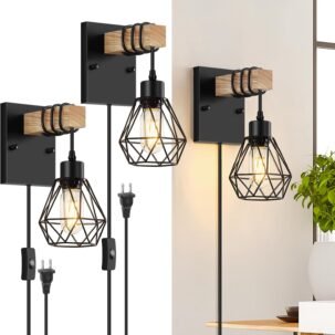 2-Pack Plug-In Wall Sconces – Vintage Wood with Switch Cord for Bedroom & Living Room