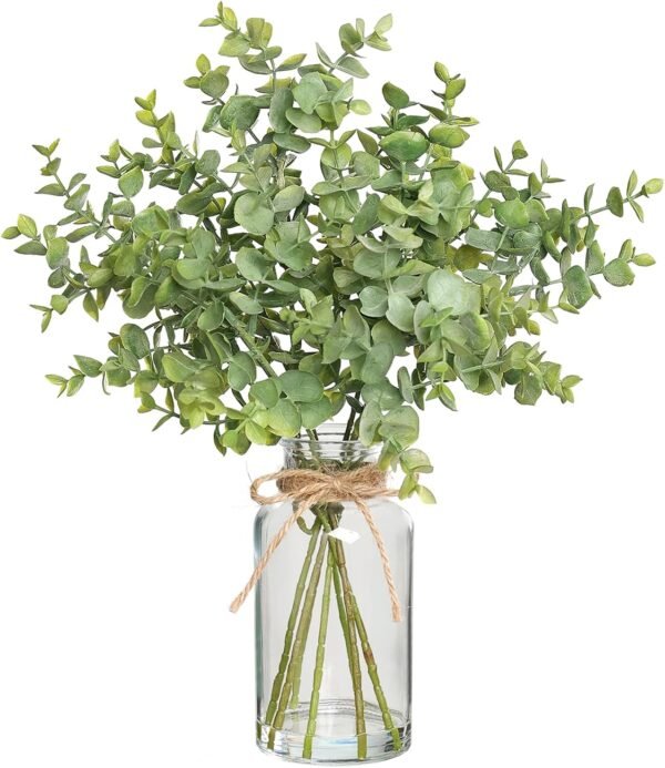 14" Fake Eucalyptus in Glass Vase – Sage Green Faux Plant with Faux Water for Home Decor