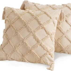 Throw Pillow Covers 18x18, Pack of 2 – Tufted Embroidered with Tassels, Beige Farmhouse Decor