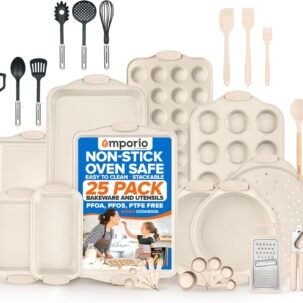 25-Piece Nonstick Bakeware Set – White, Silicone Handles, Oven Safe to 450°F, Includes Recipes