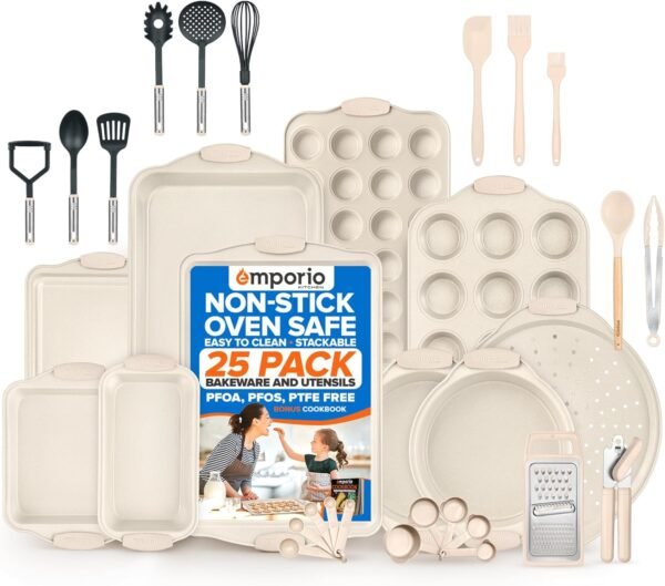 25-Piece Nonstick Bakeware Set – White, Silicone Handles, Oven Safe to 450°F, Includes Recipes