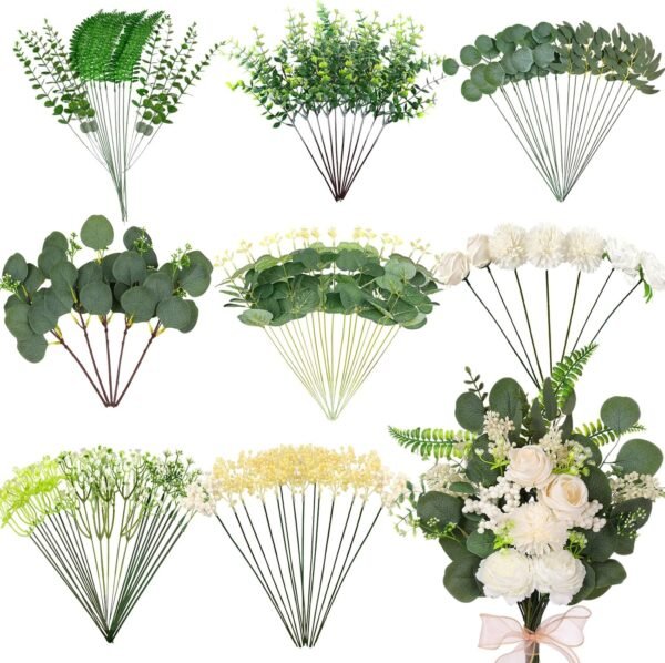 120PCS Mixed Artificial Eucalyptus Stems – 15 Varieties for Wedding & Home Décor