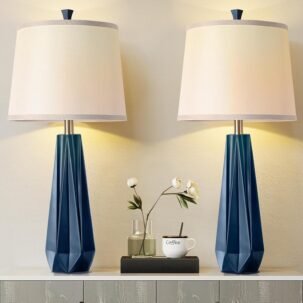 2-Pack 27" Navy Blue Table Lamps, 3-Color Temp, Linen Shade