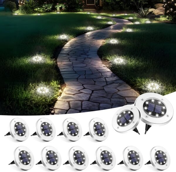 12-Pack Solar Ground Lights – Cool White, Waterproof for Pathway & Garden