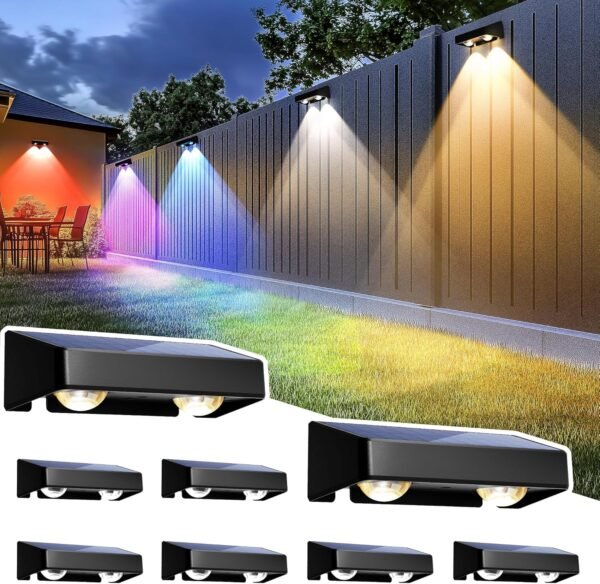 8-Pack Solar Fence Lights – 9 Fixed & Color Changing LEDs, IP65 Waterproof for Deck, Wall & Patio