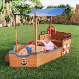 Pirate Ship Outdoor Sandbox with Cover, Bench & Storage, Ages 3-8, Easy Install