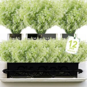 12 Bundles Artificial Outdoor Plants – UV Resistant Faux Greenery Shrubs (White)
