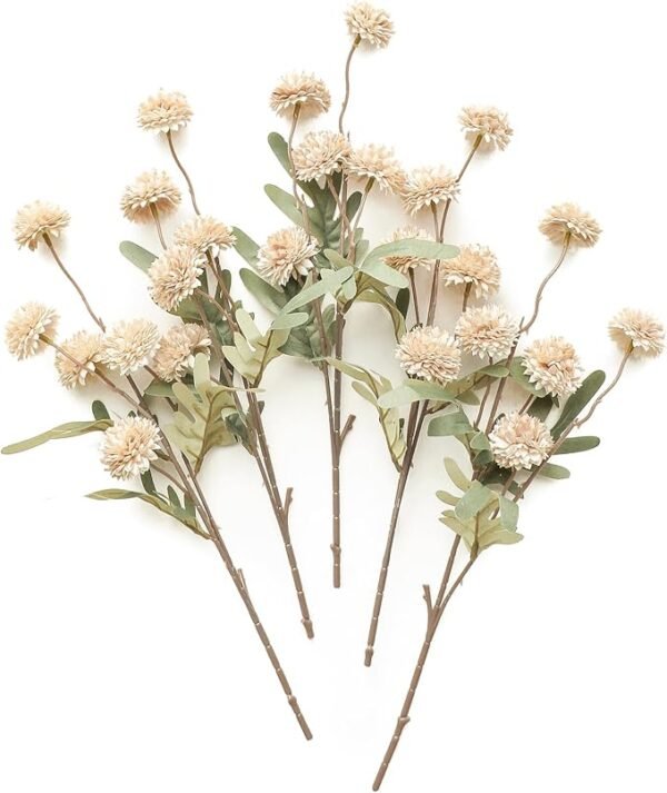 Floroom 5pcs Faux Silk Pompon Mum Flowers – Mini Chrysanthemums for DIY & Wedding Décor (Beige)