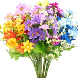 6 Bundles UV-Resistant Artificial Rainbow Daisy & Mum Flowers – Indoor & Outdoor Décor