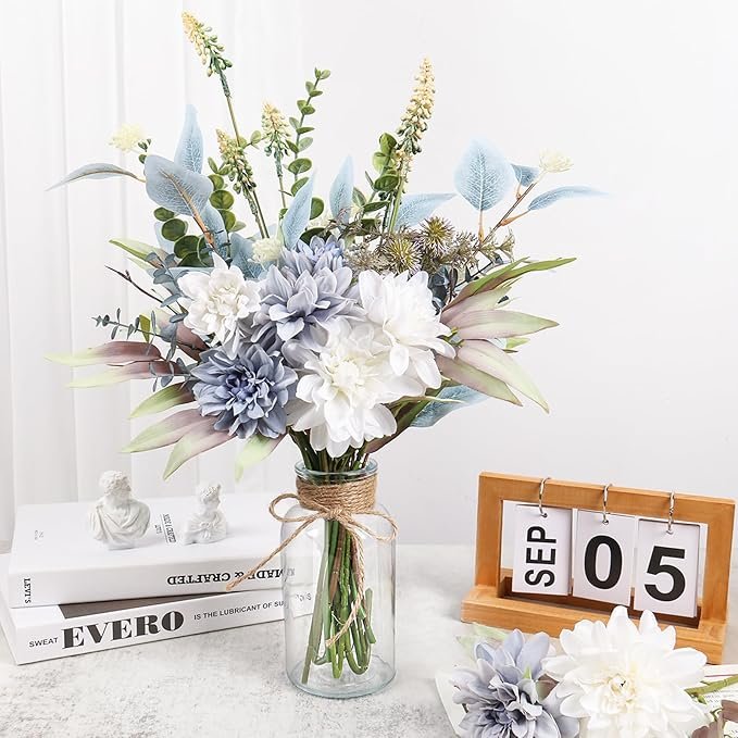 Blue & White Silk Artificial Flower Bouquet – Rustic Wedding & Home Décor - Image 2