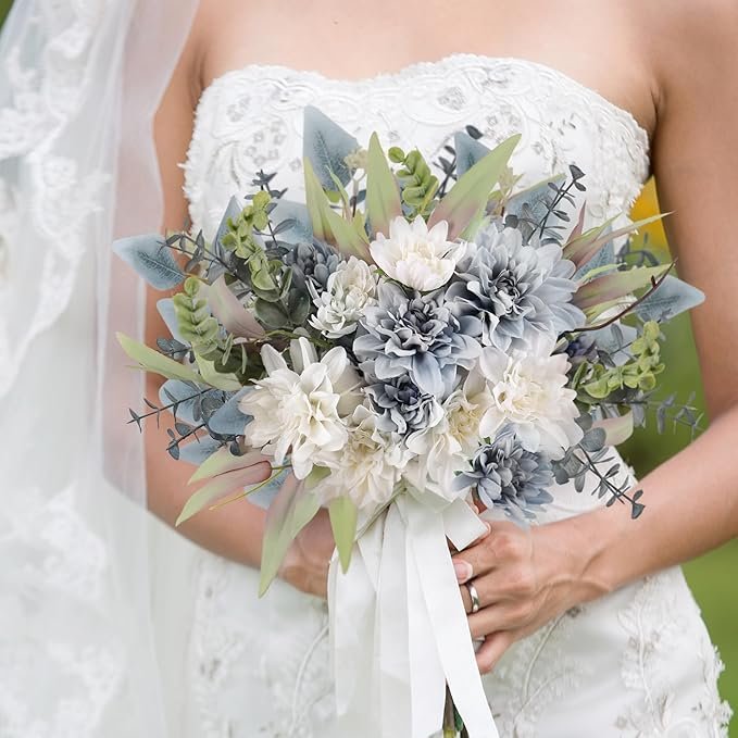 Blue & White Silk Artificial Flower Bouquet – Rustic Wedding & Home Décor - Image 4