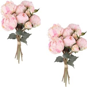 Pink Peonies Artificial Flowers – 2 Bouquets, 18 Silk Stems for Wedding & Crafts
