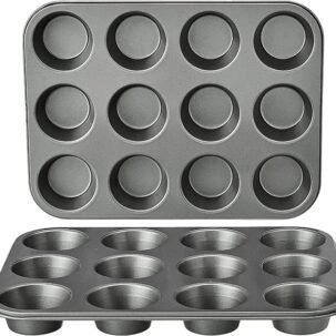 Nonstick Round Muffin Baking Pan, 12 Cups, Set of 2, Gray, 13.9x10.55x1.22"