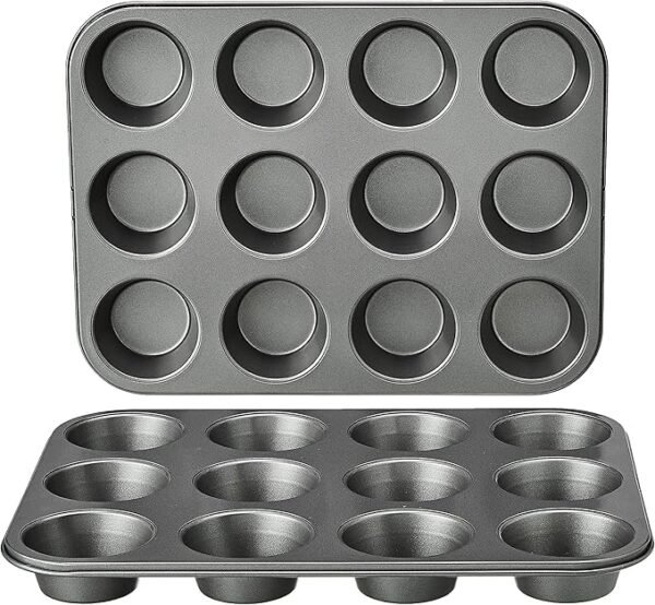 Nonstick Round Muffin Baking Pan, 12 Cups, Set of 2, Gray, 13.9x10.55x1.22"