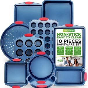 NutriChef 10-Piece Nonstick Bakeware Set – Blue Carbon Steel Pans with Silicone Handles