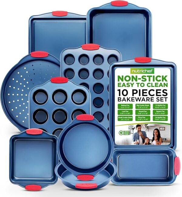 NutriChef 10-Piece Nonstick Bakeware Set – Blue Carbon Steel Pans with Silicone Handles