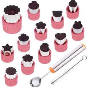 12-Pc Vegetable & Fruit Cutter Set with Melon Baller & Brush – Kids Baking & Crafts (Pink)