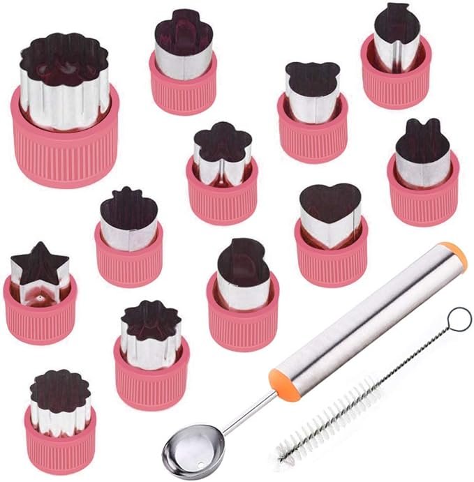 12-Pc Vegetable & Fruit Cutter Set with Melon Baller & Brush – Kids Baking & Crafts (Pink)