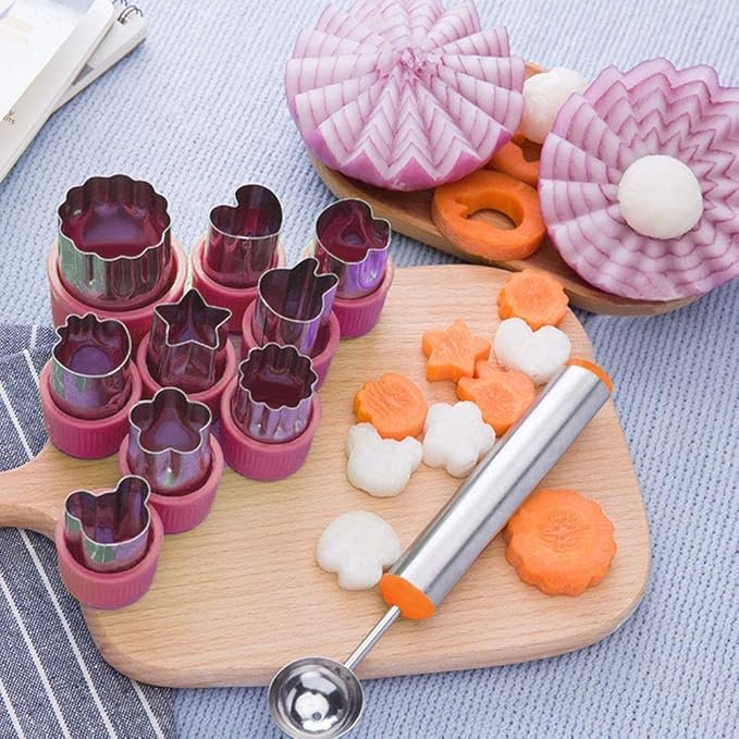 12-Pc Vegetable & Fruit Cutter Set with Melon Baller & Brush – Kids Baking & Crafts (Pink) - Image 3