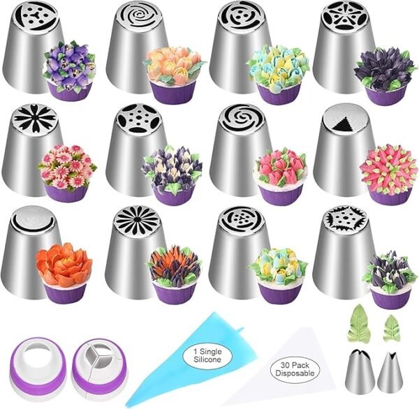 47-Pc Russian Piping Tips Set – Flower, Leaf Nozzles, Couplers & Pastry Bags for Cake Decorating