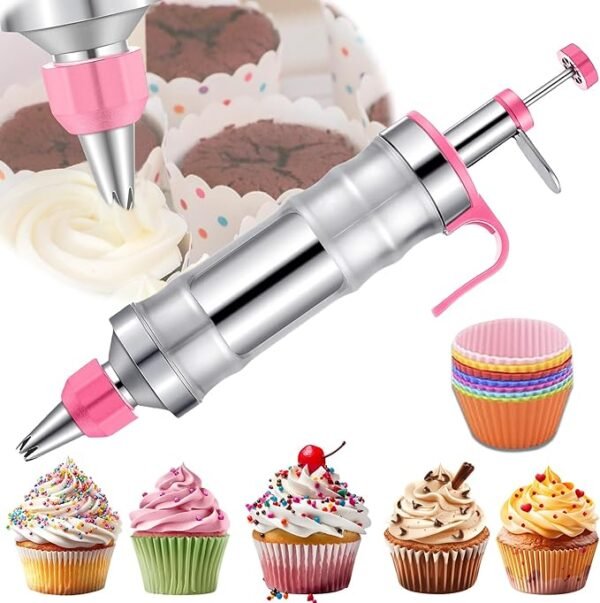 Hendiy Dessert Decorating Syringe Set – Stainless Steel Tips & Silicone Cupcake Holders