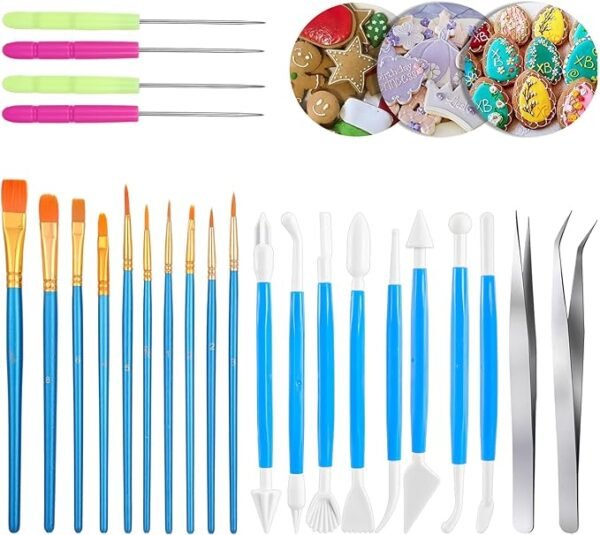 24-Pc Cookie & Fondant Decorating Tool Set – Brushes, Tweezers & Modeling Tools