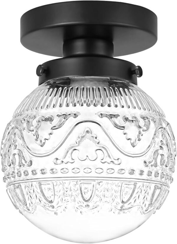 Vintage Globe Semi Flush Mount Ceiling Light – Small Black Fixture for Bedroom, Hallway, Kitchen