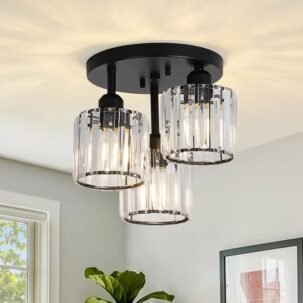 3-Light Crystal Semi Flush Mount Ceiling Light – Modern Black with Clear Shades for Kitchen, Hallway, Bedroom