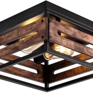 2-Light Farmhouse Ceiling Light – Rustic Metal & Wood Flush Mount for Kitchen, Hallway, Bedroom