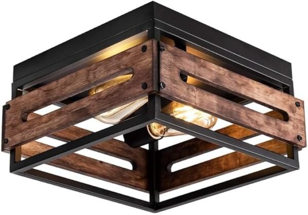 2-Light Farmhouse Ceiling Light – Rustic Metal & Wood Flush Mount for Kitchen, Hallway, Bedroom
