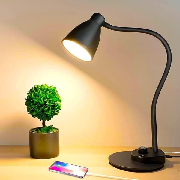 LED Desk Lamp with USB, 3-Color Dimmable Auto Induction, Flexible Gooseneck, AC Adapter Included