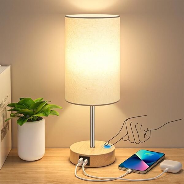 Touch Table Lamp, 3-Way Dimmable, Dual USB Charging, Bedside Lamp with LED Bulb