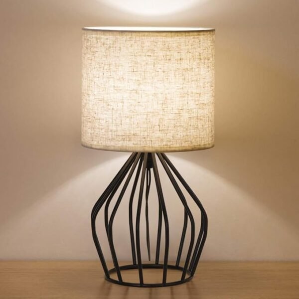 Black Modern Table Lamp, Minimalist Bedside Lamp with Hollow Base & Linen Shade