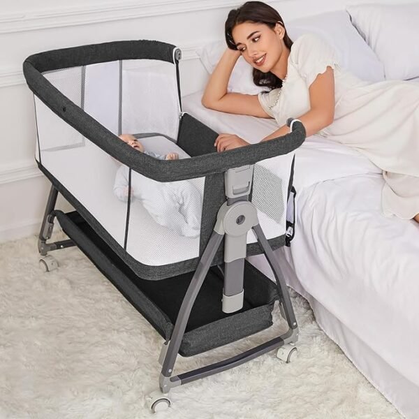 Baby Bedside Bassinet with Wheels, Adjustable, Storage Basket, Mattress, Portable Folding Cradle (Black)