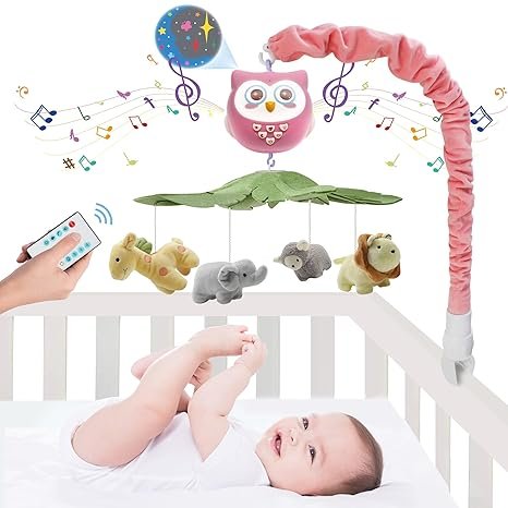 Baby Crib Mobile with Music & Lights, Safari Animals, Portable Pink Musical Mobile for Boys & Girls