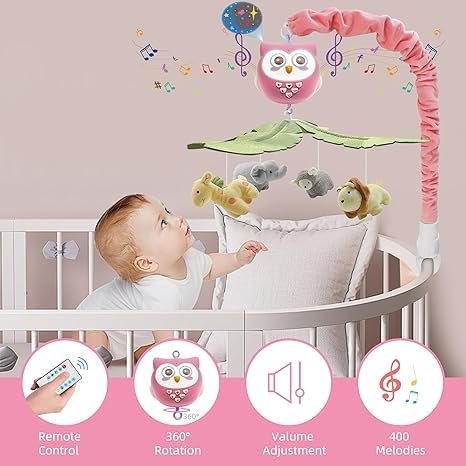 Baby Crib Mobile with Music & Lights, Safari Animals, Portable Pink Musical Mobile for Boys & Girls - Image 2