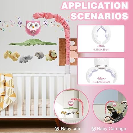 Baby Crib Mobile with Music & Lights, Safari Animals, Portable Pink Musical Mobile for Boys & Girls - Image 3