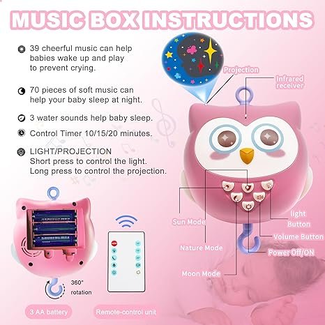 Baby Crib Mobile with Music & Lights, Safari Animals, Portable Pink Musical Mobile for Boys & Girls - Image 4
