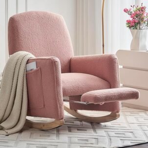 Modern Nursery Rocking Chair, Pink Upholstered Glider with Footrest & Pocket, Wood Base