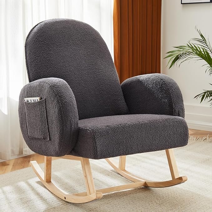 Nursery Grey Upholstered Glider Chair with Memory Foam and Side Pockets