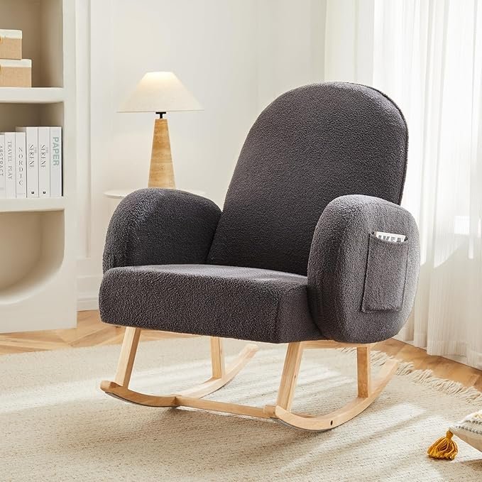 Nursery Grey Upholstered Glider Chair with Memory Foam and Side Pockets - Image 3