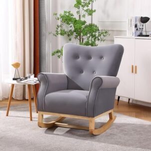 Velvet Nursery Glider Rocker with Comfy Armrest, Accent Rocking Chair with Solid Wood Legs for Baby (Gray)