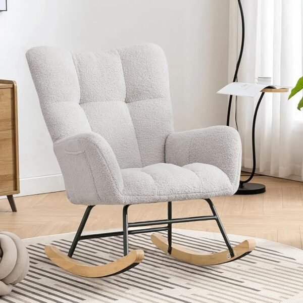 Nursery Teddy Rocking Glider Chair, Upholstered Accent Armchair with High Backrest, Light Gray
