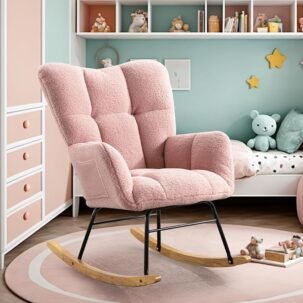 Nursery Rocking Glider Chair, Teddy Fabric Upholstered with High Back & Wood Legs, Pink